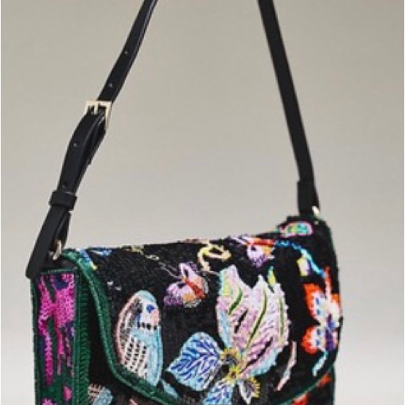 Anthropologie Handbags - New Anthropologie Black Floral Beaded Shoulder Bag